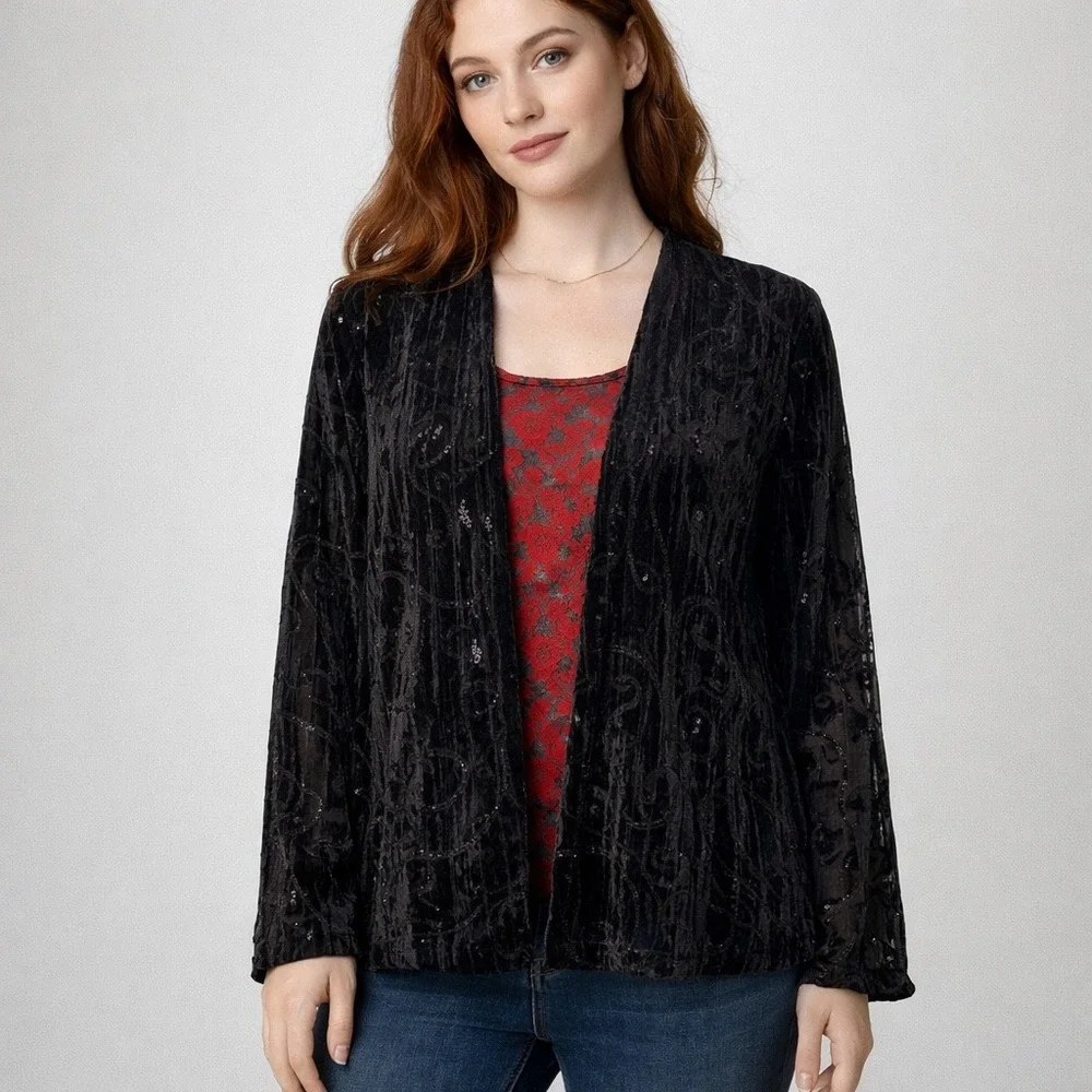 Choices Black Crushed Velvet Cardigan Embroidered Sequin Open Front‎ Jacket